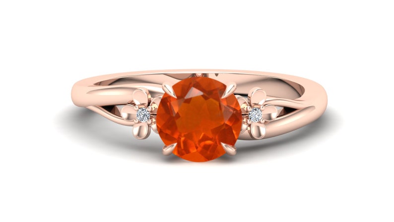 Splite Shank Ring Flower Shape Ring Orange Stone Ring Vintage Art Deco Moissanite Solitaire Ring Natural Fire Opal Wedding Bridal Ring