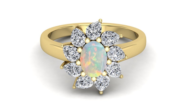 Natural AAA Opal Wedding Bridal Ring Vintage Art deco Ring Moissanite Halo Ring Prong Ring Antique Ring Pear Ring Solitaire Bend Ring