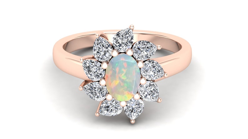 Natural AAA Opal Wedding Bridal Ring Vintage Art deco Ring Moissanite Halo Ring Prong Ring Antique Ring Pear Ring Solitaire Bend Ring