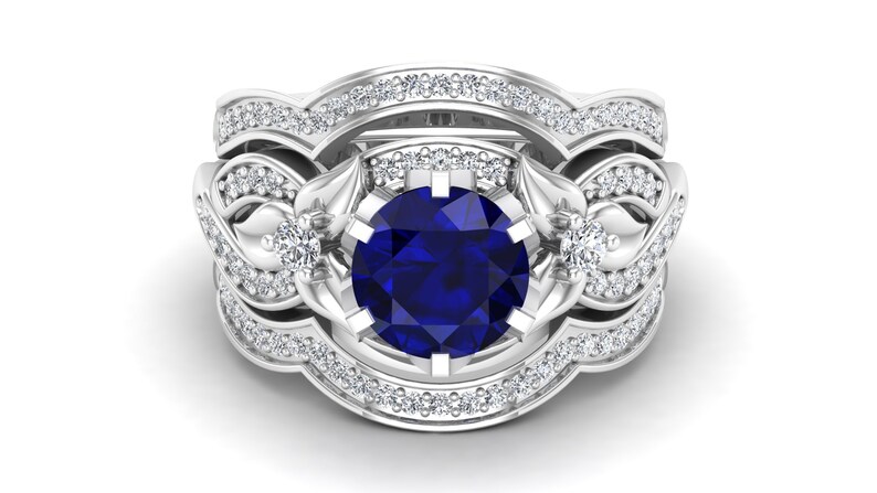 Moissanite Solitaire Ring 2.25Ct Leaf Ring Set Blue Sapphire Wedding Ring Unique Ring. Halo Ring Set Vintage Art Deco Blue Stone Ring