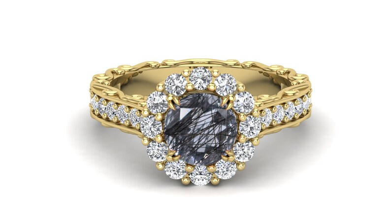 Solitaire Ring For Love Vintage Art Deco Ring 1.60Ct Floral Ring Moissanite Ring Halo Ring Natural Black Rutile Engagement Bridal Ring