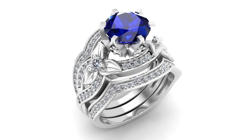 Moissanite Solitaire Ring 2.25Ct Leaf Ring Set Blue Sapphire Wedding Ring Unique Ring. Halo Ring Set Vintage Art Deco Blue Stone Ring