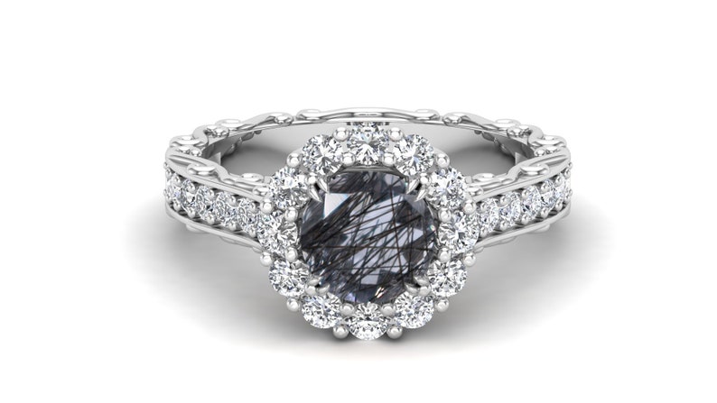 Solitaire Ring For Love Vintage Art Deco Ring 1.60Ct Floral Ring Moissanite Ring Halo Ring Natural Black Rutile Engagement Bridal Ring