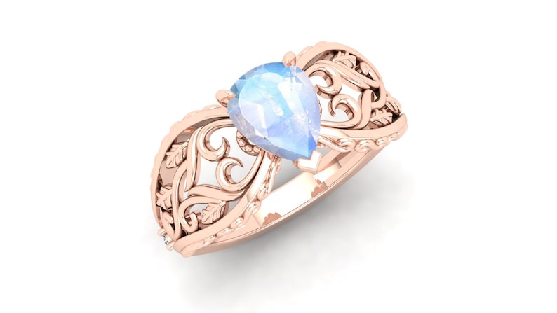 Filigree Art Ring Nature Inspire. AAA Moonstone Wedding Bridal Ring Vintage Art Deco Solitaire Ring Pear Shape Ring Rainbow Stone Ring
