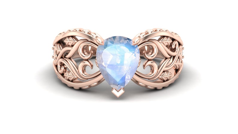 Filigree Art Ring Nature Inspire. AAA Moonstone Wedding Bridal Ring Vintage Art Deco Solitaire Ring Pear Shape Ring Rainbow Stone Ring
