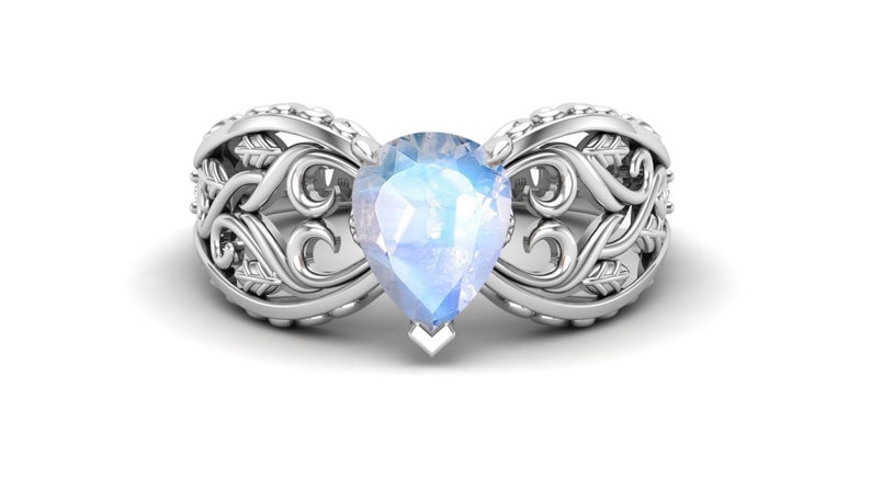 Filigree Art Ring Nature Inspire. AAA Moonstone Wedding Bridal Ring Vintage Art Deco Solitaire Ring Pear Shape Ring Rainbow Stone Ring