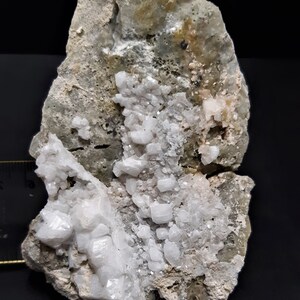 May include: A cluster of white crystals embedded in a rough, gray and green rock. The crystals are clustered together in a natural formation.