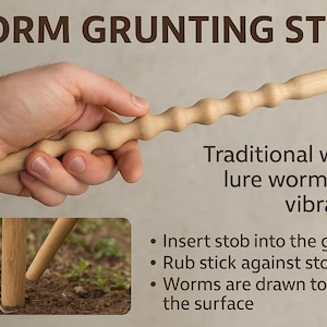 Könnte beinhalten: Ein Wurm-Lockstock aus Holz mit einer strukturierten Oberfläche. Der Stock wird verwendet, um Würmer an die Oberfläche zu locken, indem er Vibrationen im Boden erzeugt. Der Stock wird in der Hand gehalten und in den Boden gesteckt.
