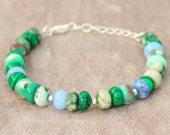 Blue Green Mixed Gemstone Bracelet - Malachite, Agate, Jasper,