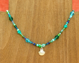 Blue Green Ocean Beaded Choker Necklace - Sea Shell Charm Necklace - Glass Acrylic Bead Necklace - Girls Jewellery - Women's Jewellery
