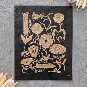 Handmade floral linocut print in metallic gold (unframed), Printed on black Lokta paper 55 gsm Original design. Perfect print for home decor