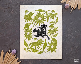 Dog Linocut Print, Green Flowers, Nature Inspired Wall Art