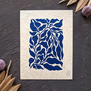 Original Linocut Print, Mini Blue Botanical Art, Minimalist Plant Wall Decor, Hand Printed Modern Small Art Print for Home, Plant Lover