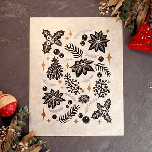 Handmade original linocut 3 color floral print. Christmas print in black, gold and silver. Perfect Christmas gift. Decor lover gift