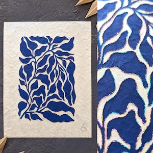 Blue Plant Linocut Print: Hand-Embroidered Botanical Art