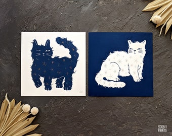 Embroidered Cat print set, Day & Nigh Cats, linocut print duo, Embroidered with shimmer thread, Original navy blue prints, Cat lover gift