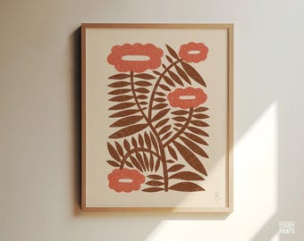 DIGITAL DOWNLOAD Minimalist Flower Wall Art, Brown and Peach Botanical Print, Modern Floral Poster, Instant Printable, Boho Room Decor