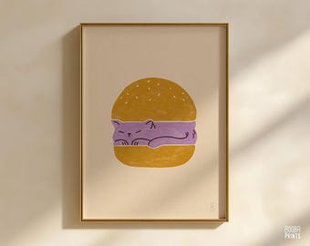 Cat Burger Digital Print, Funny Cute Minimalist Wall Art, Cute Sleeping Cat Illustration, Printable Animal Art for Kitchen or Kids Room