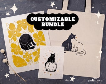 Cats Prints And Tote Bag Bundle, Original Linocut Prints, Customizable Gift Box, Christmas Gift Bundle For Cat Lover, Holiday Bundle