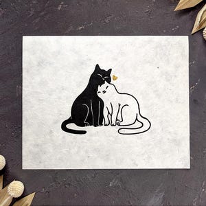 Snuggling Cats Linocut Print: Black & White Handmade Art