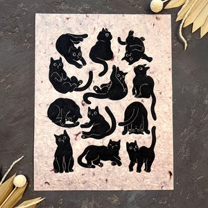 12 Cats handmade linocut print (unframed). Original print on STUNNING Himalayan paper or Lokta paper. Home decor print. Gallery wall art.