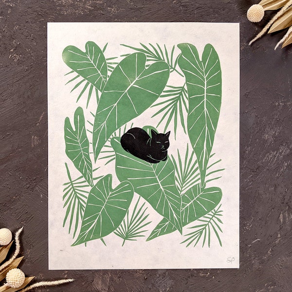 Black Cat and Green Leaves linocut print. 2 color print in black and metallic gold/green. Cat Loaf print for home decor. Gallery wall art.