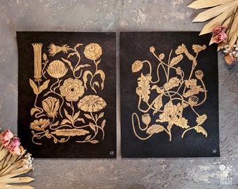 Handmade linocut series floral designs in metallic gold (unframed). Chic print for home decor and gallery wall
