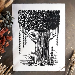 Handmade linocut tree and nature print, Hosho paper 95 gsm. Nature print for home decor Gallery wall, Gift for nature lover, wall decoration