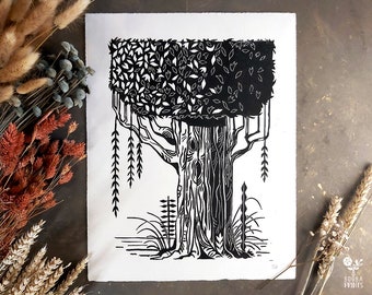 Handmade linocut tree and nature print, Hosho paper 95 gsm. Nature print for home decor Gallery wall, Gift for nature lover, wall decoration