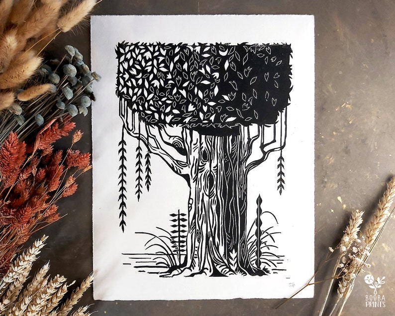 Handmade linocut tree and nature print, Hosho paper 95 gsm. Nature print for home decor Gallery wall, Gift for nature lover, wall decoration imagem 1