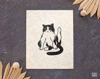 Funny Tuxedo Cat Linocut Print, Stylized Kitty Art, Gallery Wall Decor
