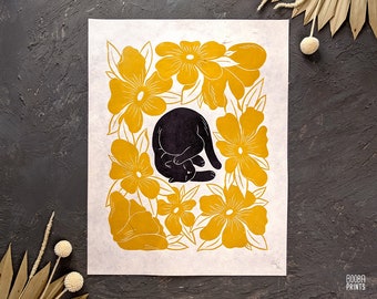 Handmade linocut Lazy Cat print (unframed). 2 color original print in black and mustard yellow. Cat print for home decor. Gallery wall art.