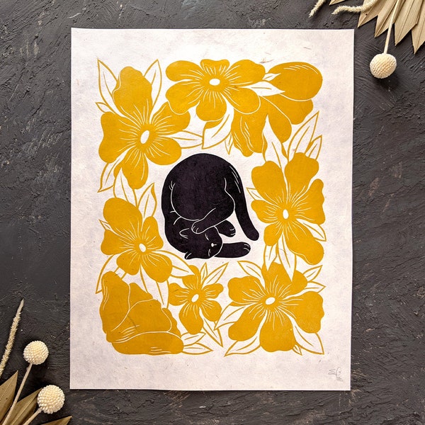 Handmade linocut Lazy Cat print (unframed). 2 color original print in black and mustard yellow. Cat print for home decor. Gallery wall art.