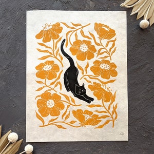 Stretching Cat Linocut Print, Orange Flowers, Gallery Wall Art