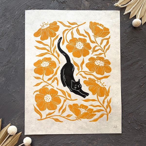 Stretching black cat & orange flowers Stretchy Cat linocut print. 2 color original print. Cat print for home decor. Gallery wall art.