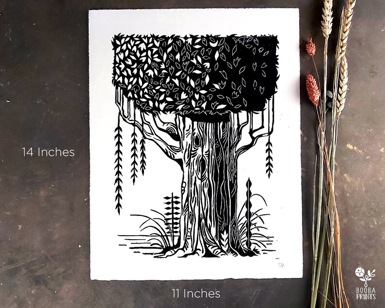 Handmade linocut tree and nature print, Hosho paper 95 gsm. Nature print for home decor Gallery wall, Gift for nature lover, wall decoration imagem 3