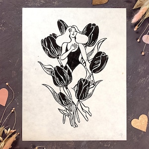Impression linogravure faite main Je te déclare ma amour (sans cadre). Imprimé tulipe. Imprimé en noir sur du papier naturel. Cadeau parfait pour un être cher.
