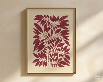 DIGITAL DOWNLOAD Minimalist Dark Red Plant, Marker Style Living Room Art, Downloadable Instant Download, Minimal Art Poster, Affordable Art