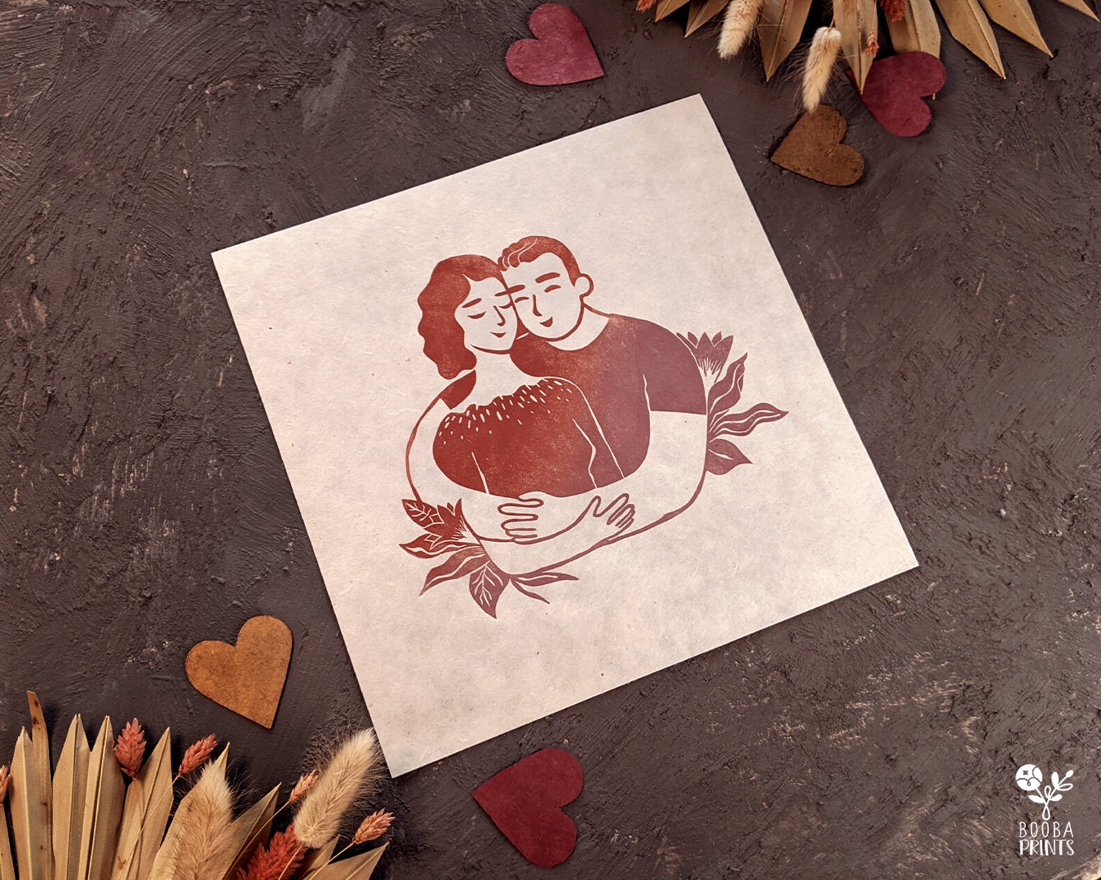 Handmade 2 Color Linocut Print of Couple in Love unframed. Etsy