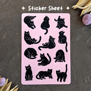Grande feuille d'autocollants - 12 chats noirs, feuille d'autocollants mignons de chats noirs, autocollant mat en vinyle, bouteille d'eau de planificateur de journal d'ordinateur portable