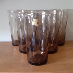 Set of 6 Luminarc smoked glass water glasses / tumblers. 1970's French glassware. Luminarc Fume glasses.