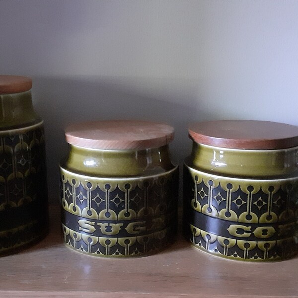 Vintage Green Hornsea Heirloom jars and jug. New seals. Medium tea, small coffee, small sugar, vinegar jug. Green Hornsea Heirloom. 1970s.