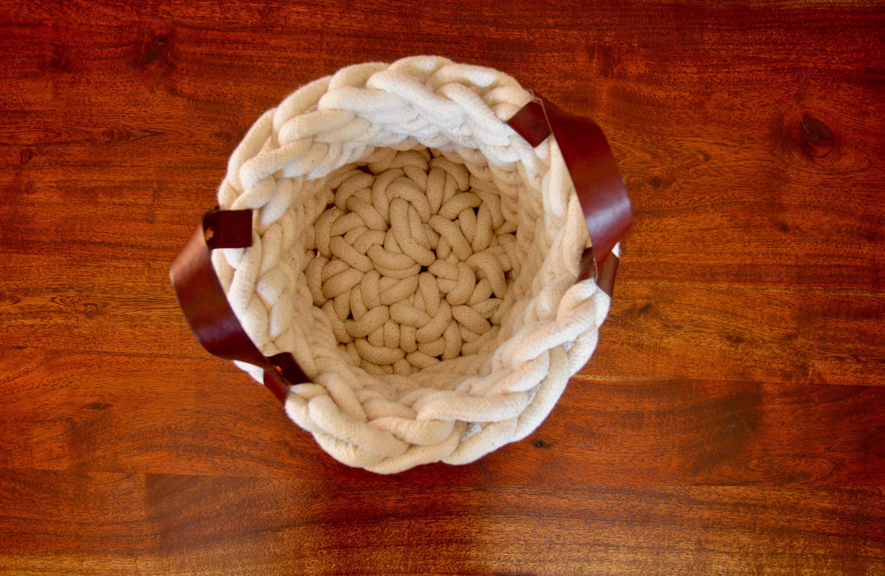 Crocheted Rope Basket Leather Handles Storage Basket Craft Etsy