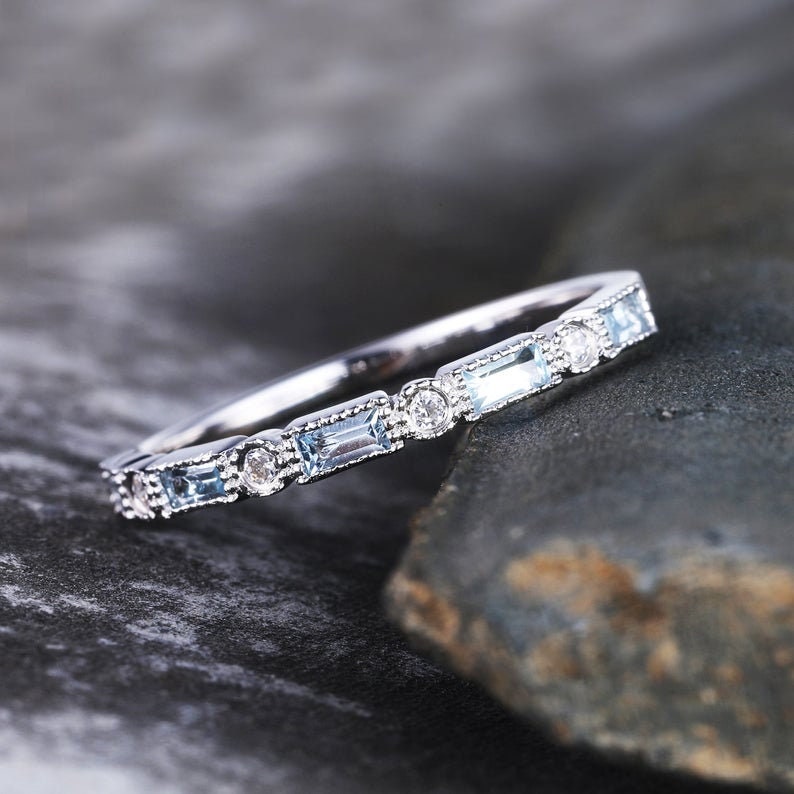 Aquamarine Baguette Ring,Half Eternity Aquamarine Wedding Ring,March Birthstone Ring,Anniversary Gift,Gift for Her,925 Sterling Silver Ring