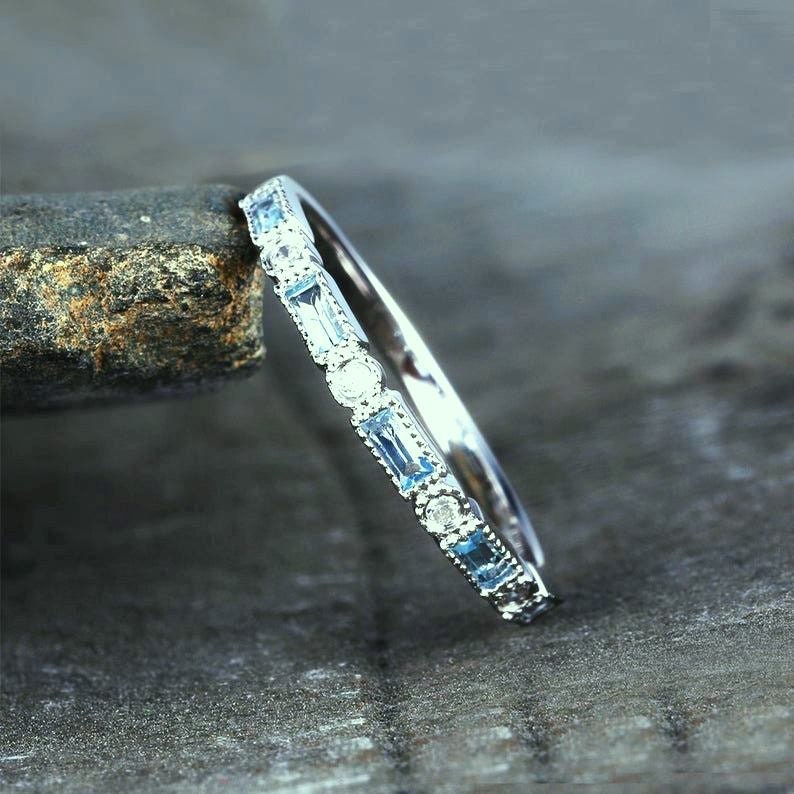 Aquamarine Baguette Ring,Half Eternity Aquamarine Wedding Ring,March Birthstone Ring,Anniversary Gift,Gift for Her,925 Sterling Silver Ring