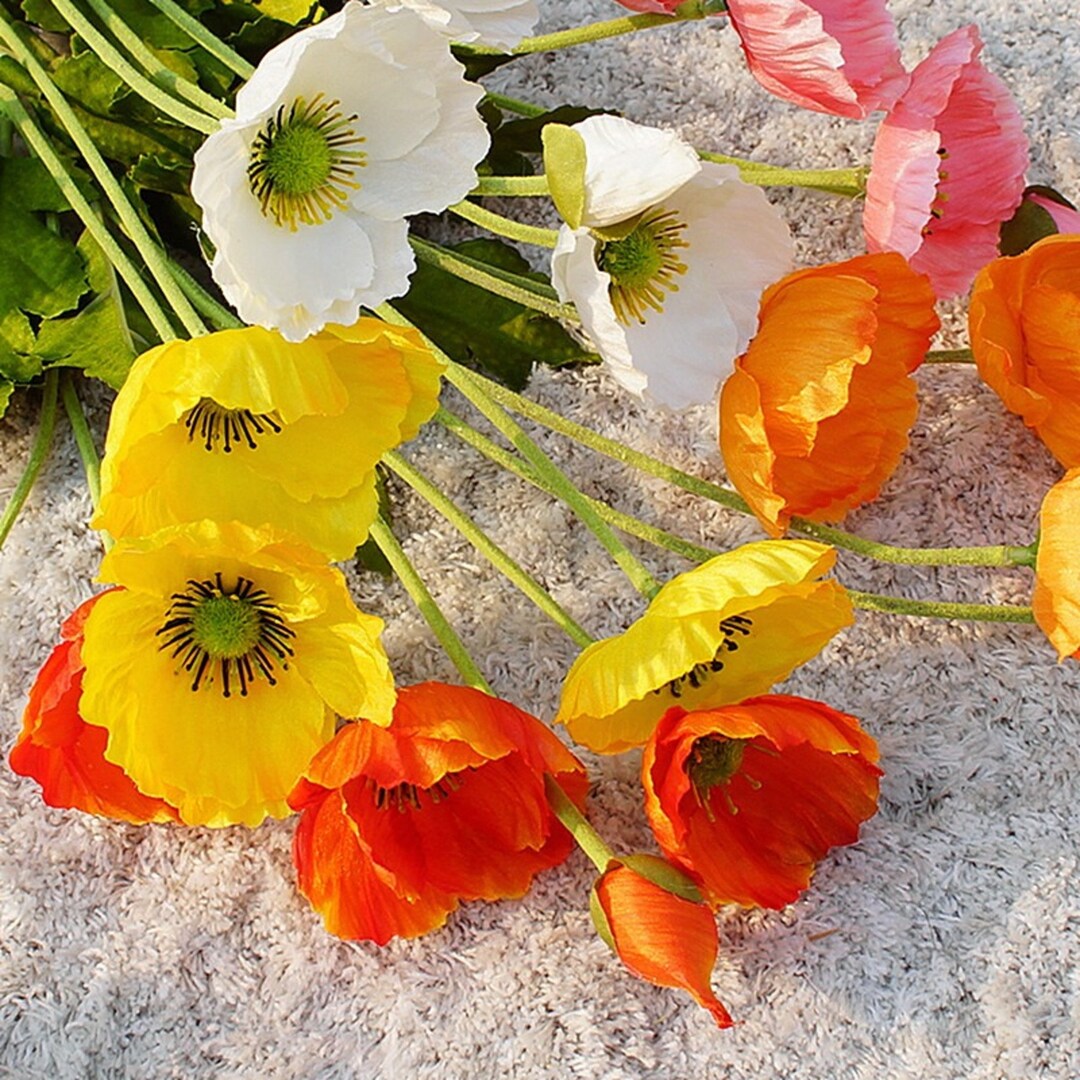 4 Heads/branch Artificial Poppy Flowers With Leaves for Quality Home