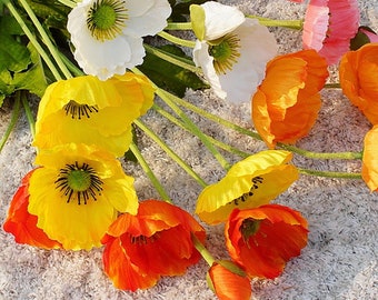 4 têtes/branche de fleurs de pavot artificielles avec feuilles pour une décoration florale de mariage de qualité