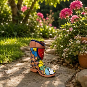 May include: A colorful ceramic boot planter with a floral design. The boot features a tan base with blue, yellow, and red accents. The boot is placed on a stone path in a garden setting, surrounded by greenery and pink flowers.