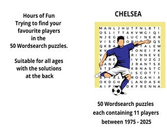 Chelsea Wordsearch Book – 50 puzzles, 11 players per page spanning 50 years