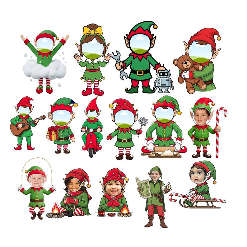 May include: A collection of elf-themed digital illustrations. Each elf is dressed in a green and red outfit, with a blank space for a face. Some elves hold objects like a guitar, a teddy bear, or a wrench. Others are engaged in activities like baking or riding a scooter.